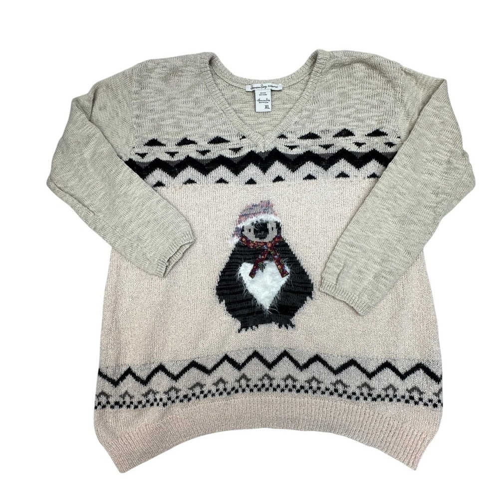 American Rag Sweater Womens XL Beige Penguin Fair Isle V Neck Christmas Knit